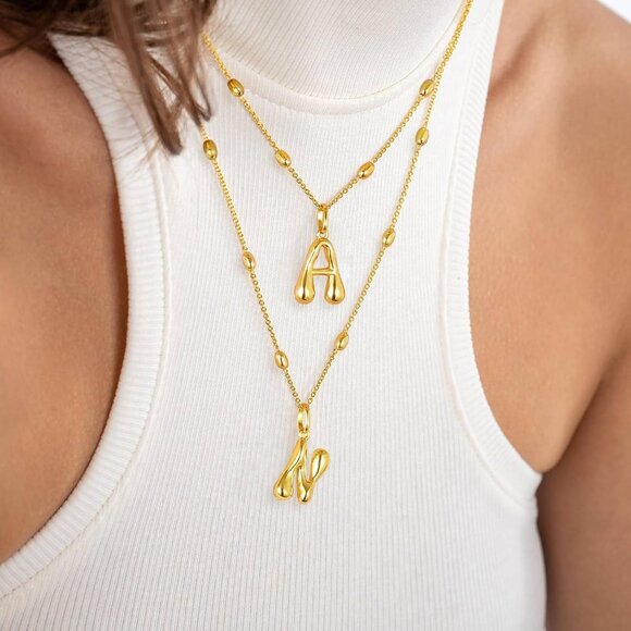 Adjustable Bead Chain Bubble Letter Necklace in 14K Gold - Thoughtful Gift Idea - Picture 2 of 8